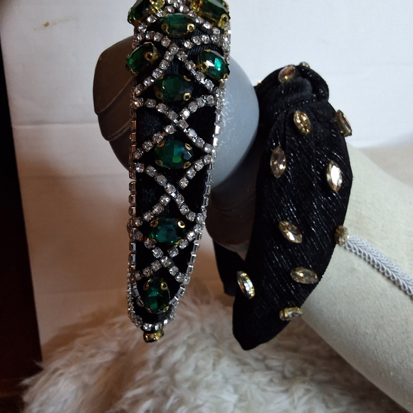 Set of 2 Jeweled Headbands Black Velvet Emerald Green Rhinestone Luxe Glam main image 4